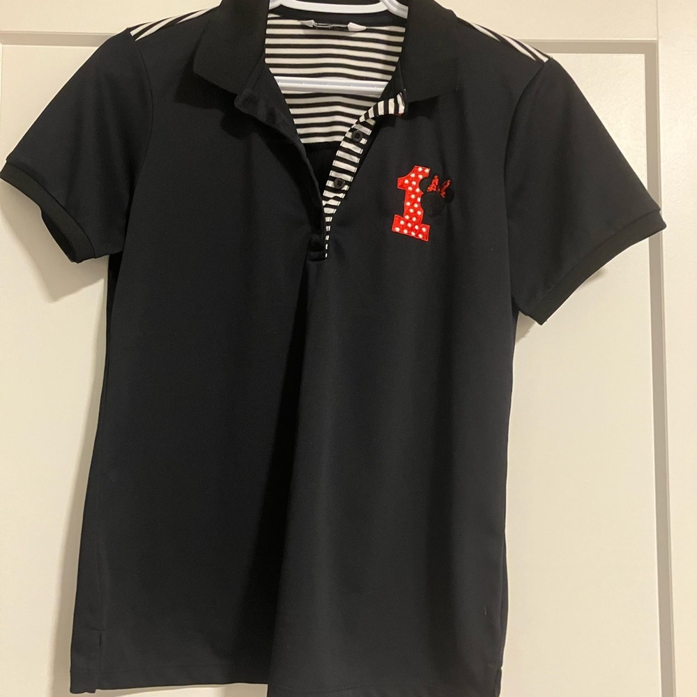 Woman’s Black Minnie Mouse Polo Shirt with Striped Trim and Red Number Accent